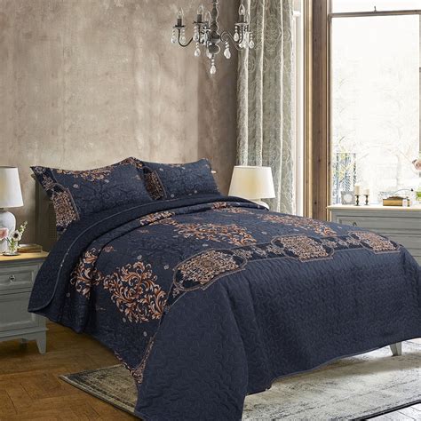 Piccocasa 3pc Floral Quilt Bedspread Sham Set King Polyester Navy Blue