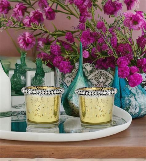 Buy Crackle Set Of 2 Gold Glass Table Tea Light Votive At 37 Off By Home Pepperfry