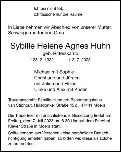 Traueranzeigen Von Sybille Helene Agnes Huhn Trauer In NRW De