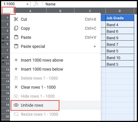 How To Unhide Rows In Google Sheets