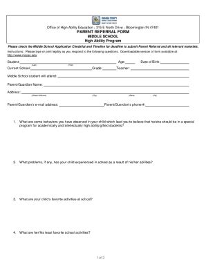 Fillable Online PARENT REFERRAL FORM MIDDLE SCHOOL High Ability