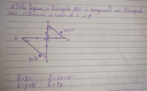 Na Figura O Triângulo Abc é Congruente Ao Triângulo Dec Determine O Valor De X E Y Me