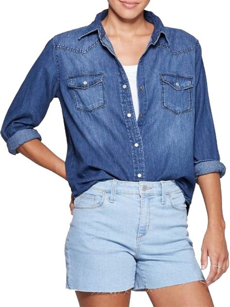 Universal Thread Women S Collared Western Denim Long Sleeve Button Down