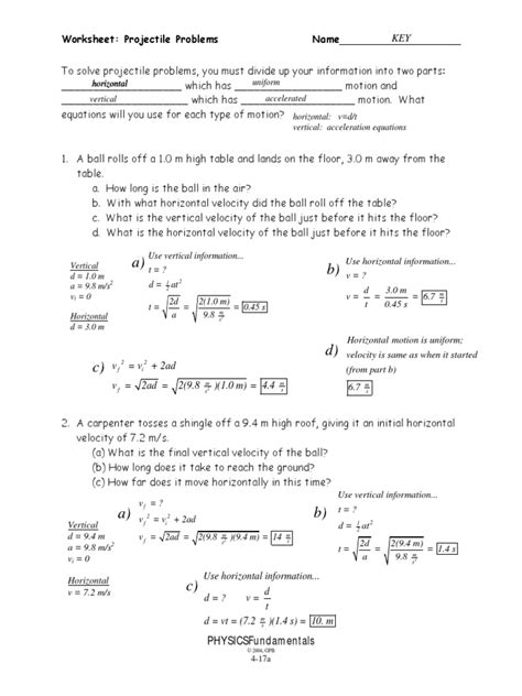 Ab Projectile Problems Wkst Key Pdf Projectiles Acceleration