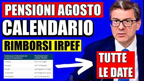 Pensioni Agosto Calendario Ufficiale Rimborsi Irpef Ecco In Che Data