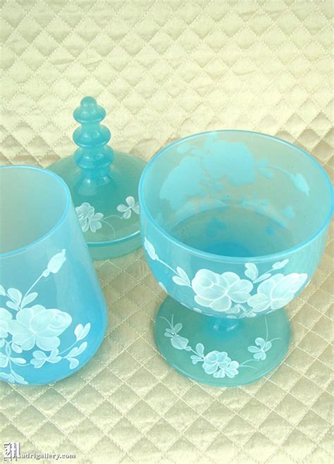 Vintage Blue Opaline Glass Vanity Set Tumbler And Lidded Jar Hand Painted Enameled Dresser