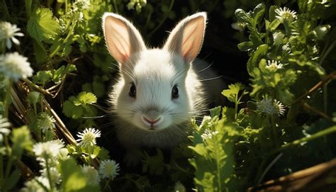 Premium AI Image Fluffy Baby Rabbit Sitting In Green Meadow