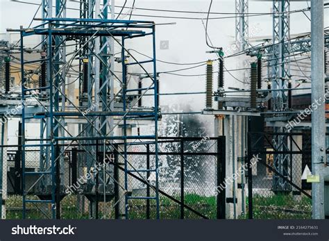 Short Circuit Power Plant Extinguishing Fire Stock Photo 2164275631