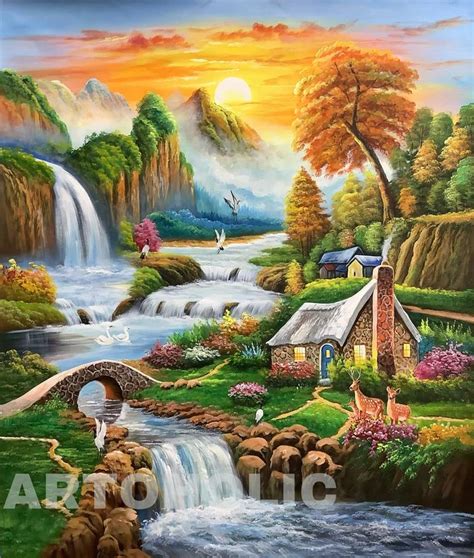 HEAVEN ON EARTH- WATERFALL MOUNTAIN'S SCENERY LANDSCAPE Painting by Pramod Kumar | Saatchi Art