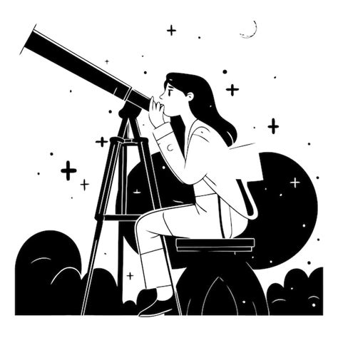 Ilustración vectorial de una niña mirando a través de un telescopio en