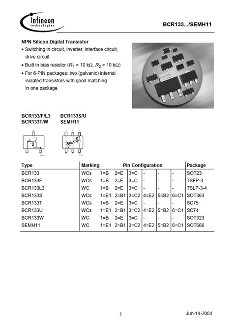 Bcr133w Infineon Technologies Ag Transistor Hoja De Datos Ficha