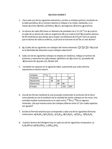 Ejercicios Unidad 2 Pdf Compuestos Químicos Isótopo