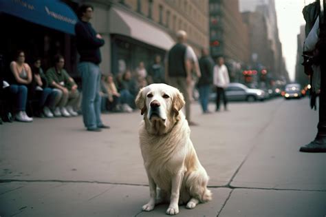 Un Perro Se Sienta En La Acera Foto Premium