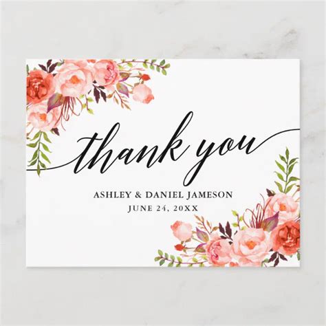 Calligraphy Coral Floral Wedding Thank You Postcard Zazzle