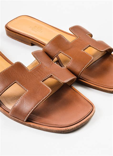 Brown Hermes Leather Oran Logo Slide Sandals Luxury Garage Sale