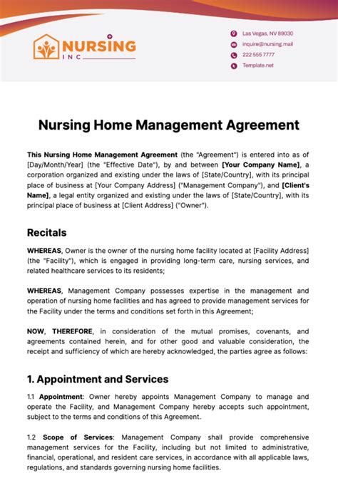 Free Nursing Home Management Agreement Template to Edit Online