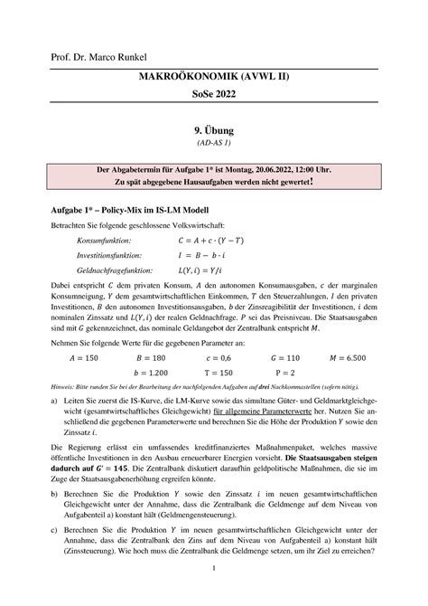 Bungsblatt Prof Dr Marco Runkel Makro Konomik Avwl Ii Sose