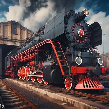 Huge Wide Red And Black Steam Locomotive At A Loading Dock Image