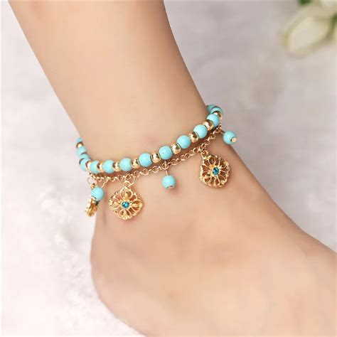 Bohemian Ankle Bracelet Cheville Blue Bead Flower Bracelets For Women