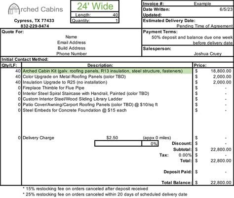 Kit Sizes Prices And Example Quotes Texas Arched Cabins