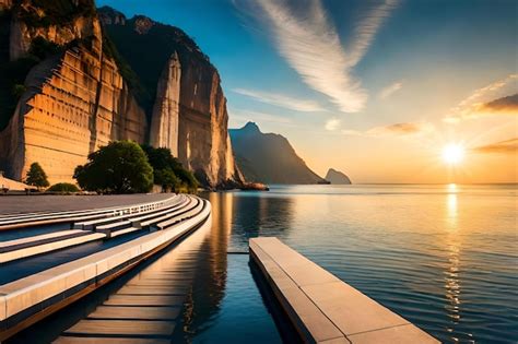 Premium Photo | A sunset over a lake with a boat dock and a mountain in ...