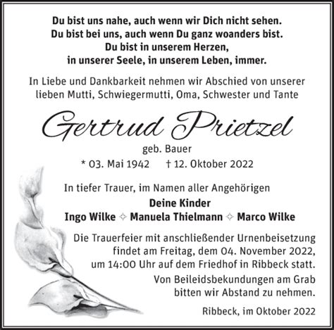 Traueranzeigen Von Gertrud Prietzel M Rkische Onlinezeitung Trauerportal