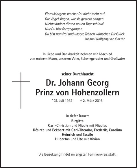 Traueranzeigen Von Johann Georg Prinz Von Hohenzollern Sz Gedenken De