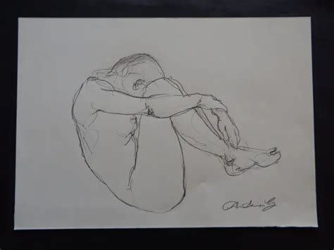 Original Expressive Pencil Drawing Of A Male Nude Crouched Profile Pose