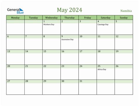 May 2024 Namibia Monthly Calendar With Holidays