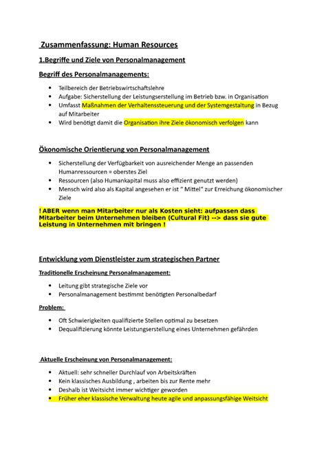 Zusammenfassung HR Zusammenfassung Human Resources 1 Und Ziele Von