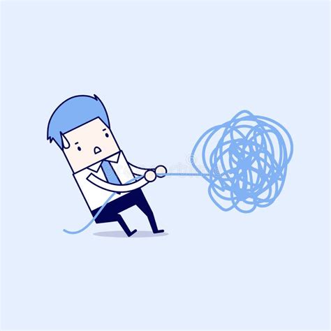 Businessman Trying To Unravel Tangled Rope Or Cable Cartoon Character