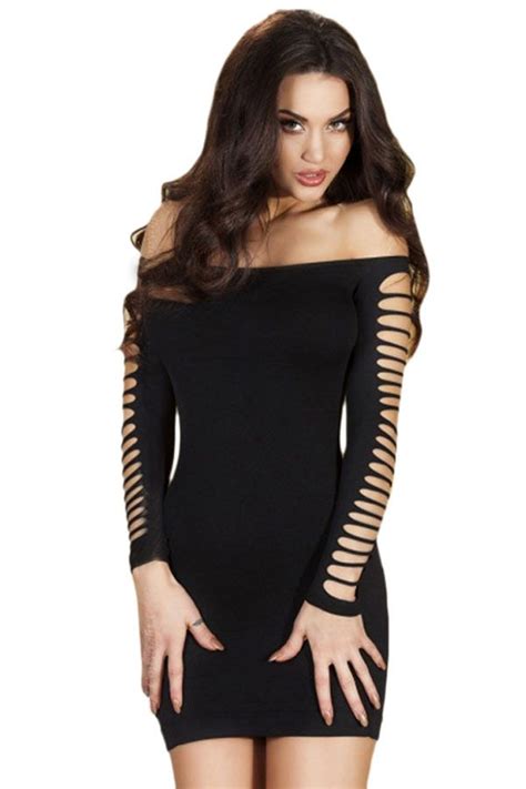 Elegant Off Shoulder Ripped Black Chemise Dress Chemise Dress Ripped