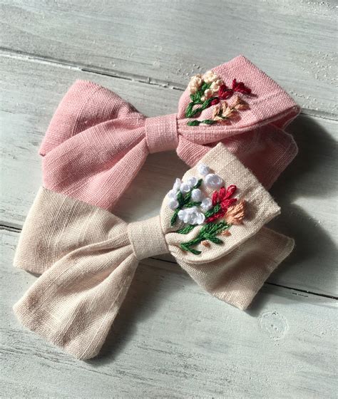 Embroidered Bow Linen Baby Bow Hair Accessories Hand Etsy