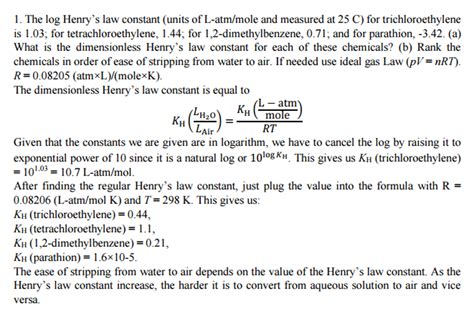 Solved: The Log Henry's Law Constant (units Of L-atm/mole ... | Chegg.com