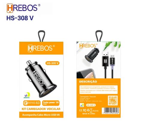 Carregador Veicular 18w Cabo V8 Micro Usb Hrebos Hs 308v Ibc Atacadista Distribuidora