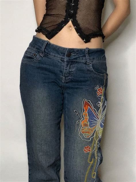 Emmiol Free Shipping 2025 Vintage Washed Butterfly Flare Jeans Blue M