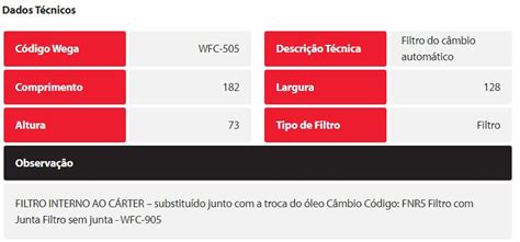 WFC505 FILTRO WEGA PARA CÂMBIO AUTOMÁTICO All Shine