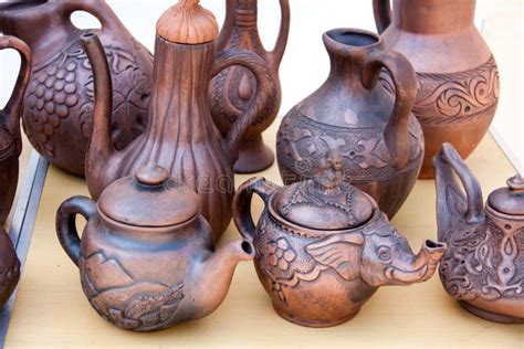 Handmade Pottery On Display At Street Market In Crimea Stock Image