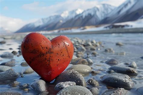 Premium Photo A Red Heart Sitting On Top Of A Rocky Beach