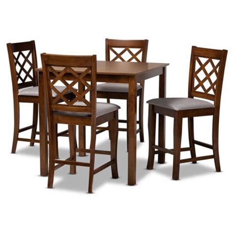 Bowery Hill Grey Fabric Walnut Brown Finished Piece Wood Pub Set