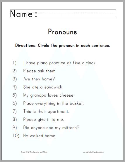 Pronoun Worksheet For Class 1 Pdf