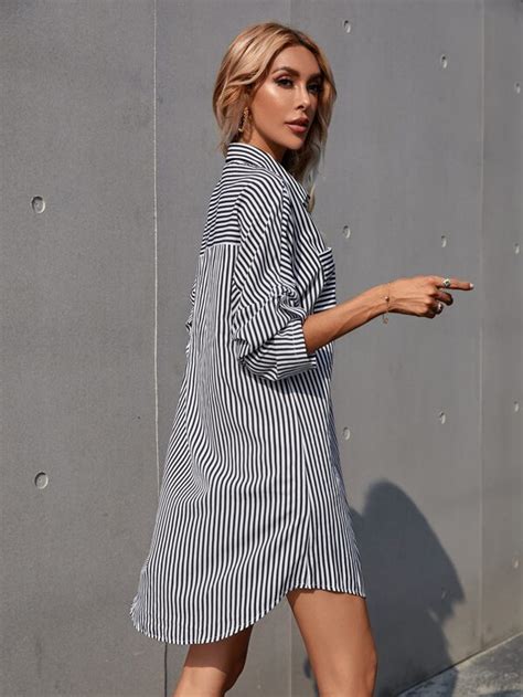 Shein Frenchy Vestido Estilo Camisa De Manga De Doblez De Rayas Moda