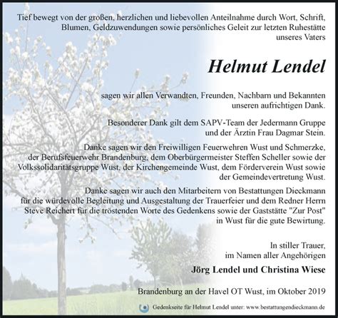 Traueranzeigen von Helmut Lendel Märkische Onlinezeitung Trauerportal