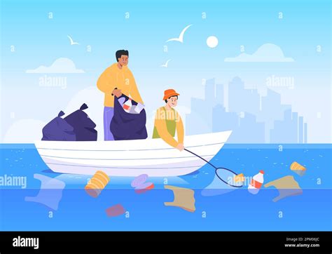 Eco Activists Picking Up Trash At Sea Flat Vector Illustration Stock