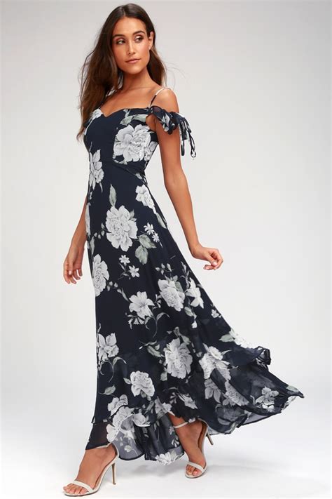 Navy Blue Floral Print Dress Off The Shoulder Maxi Dress Lulus