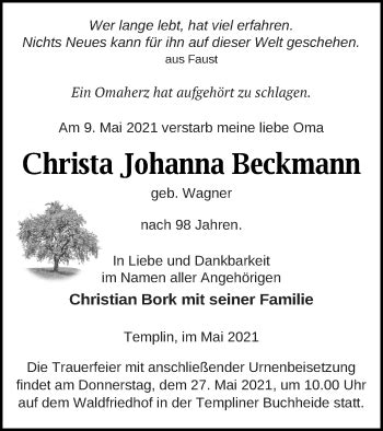 Traueranzeigen Von Christa Johanna Beckmann Trauer Nordkurier