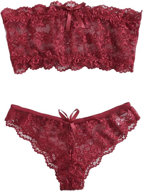 SheIn Women S Floral Lace Bandeau Straplees 2pcs Bra And Panty Lingerie