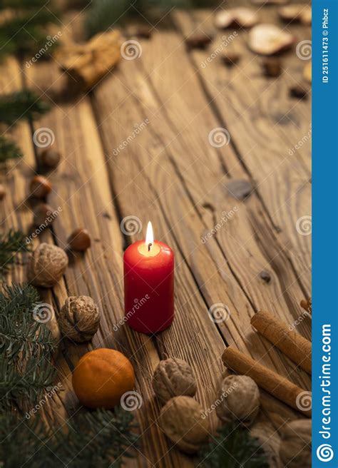 Traditional Czech Christmas On Wood Decoration With Twig Candle Apple