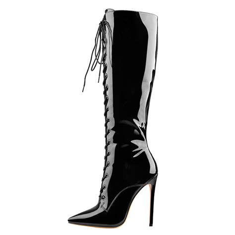 Black Patent Leather Lace Up Pointed Toe Knee High Boots Onlymaker