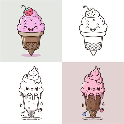 Cute Ice Cream Cartoon Line Art Vector Icon Illustration Food Drinks